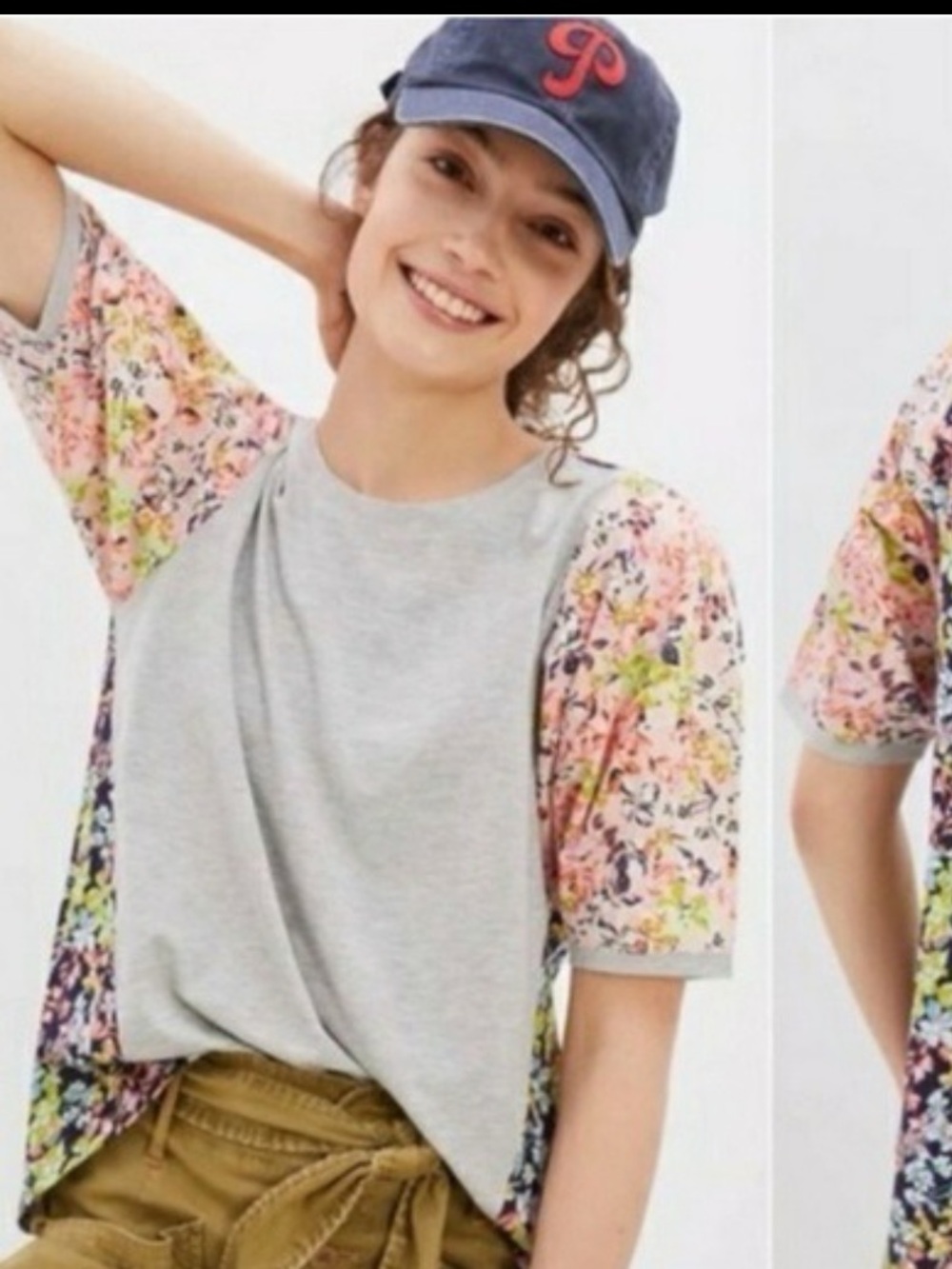 Maeve Light Gray Tee with Multicolor Floral Sleeves